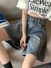 Blaue Retro-Jeansshorts mit hohem Bund und weitem Bein