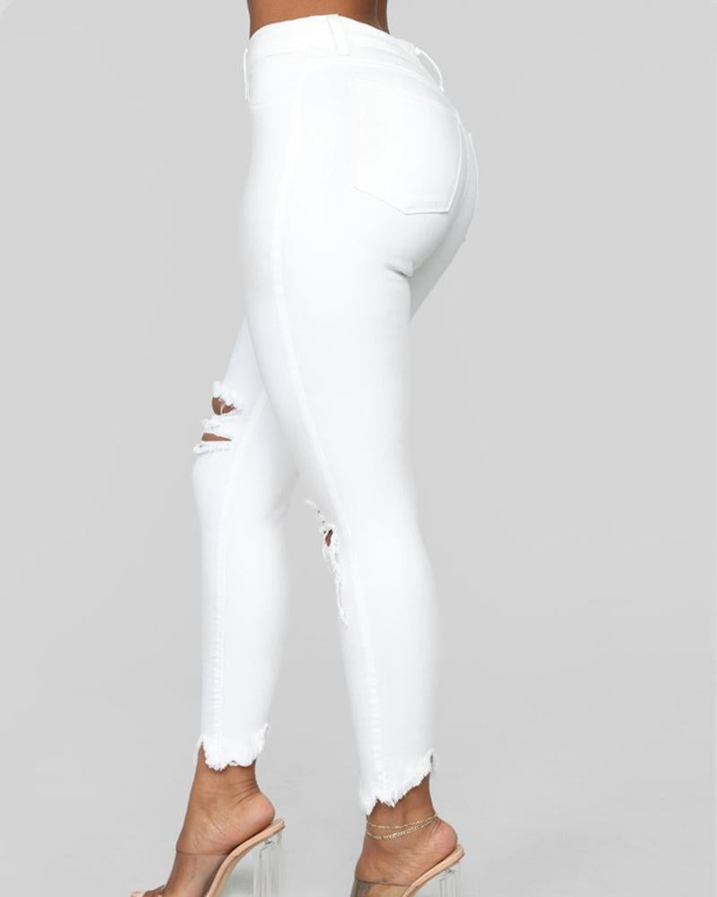 Solid Knee Ripped Asymmetrical Raw Hem Cropped Skinny Jeans