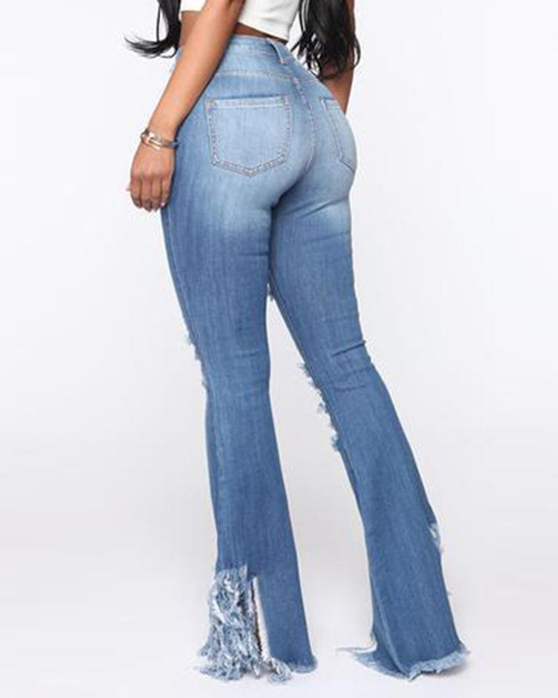 Women Distressed Asymmetrical Fringe Raw Hem Flare Leg High Waist Jeans