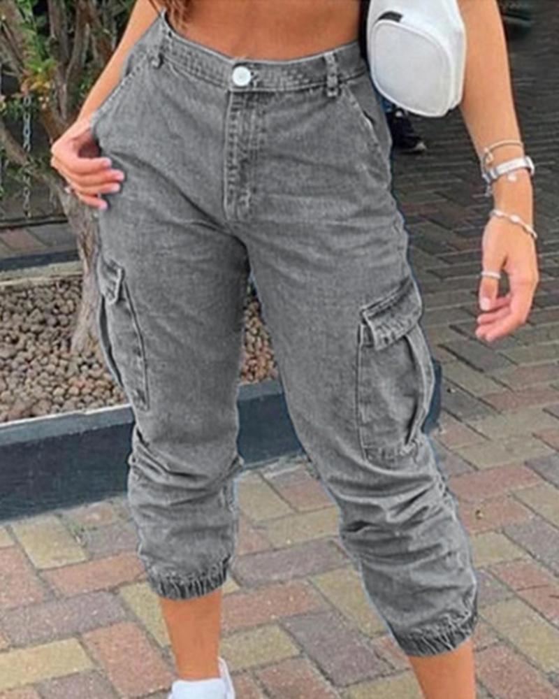 Flap Pocket Side Mid Waist Straight Leg Jeans