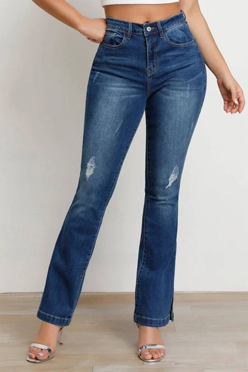 Split Hem Ripped Pocket Detail High Waist Flare Jeans