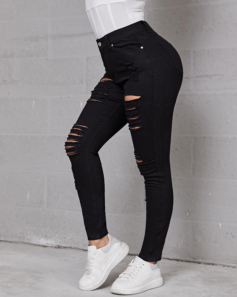 Hollow Out Distressed Skinny Jeans