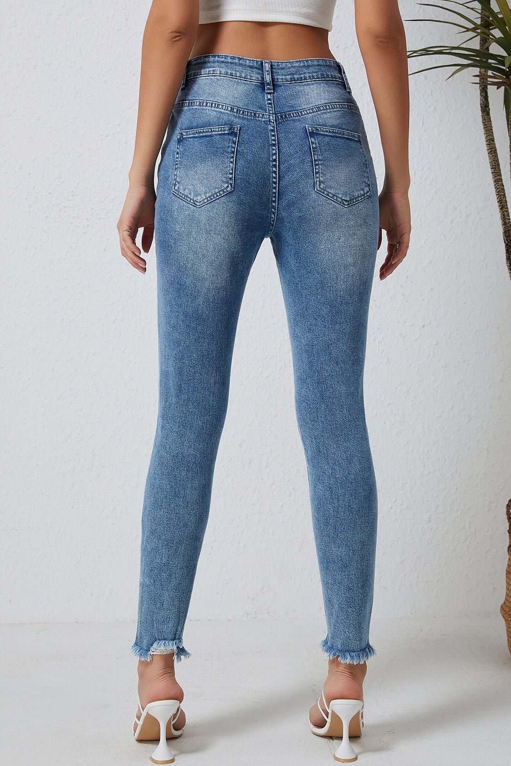 Sky Blue Distressed Straight Leg High Waist Jeans