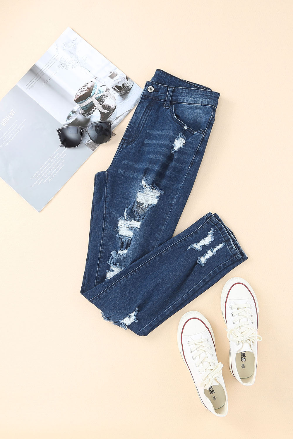 Blaue Skinny Jeans mit hoher Taille und Used-Look