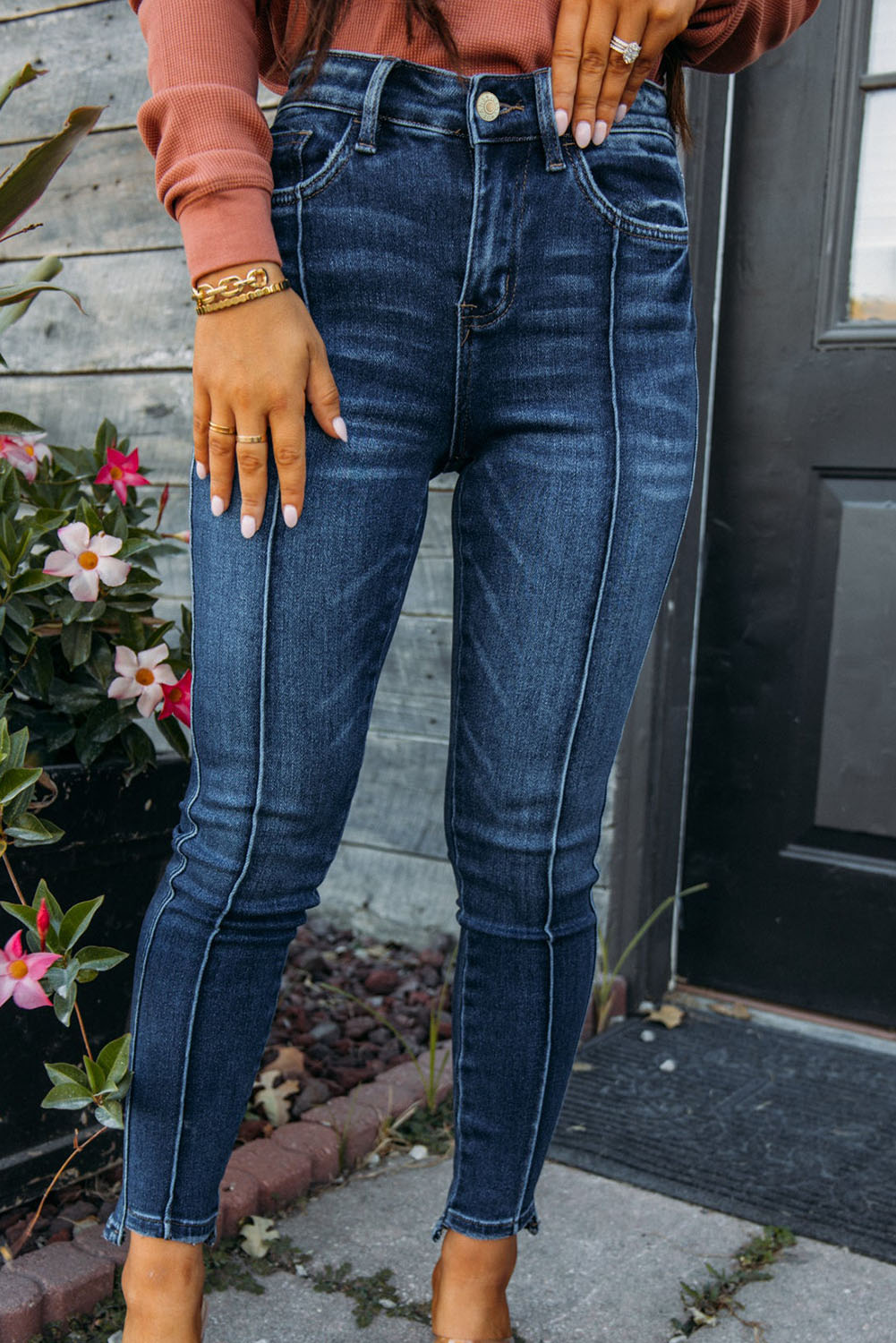 Blaue Skinny Fit Jeans mit hoher Taille und Nähten