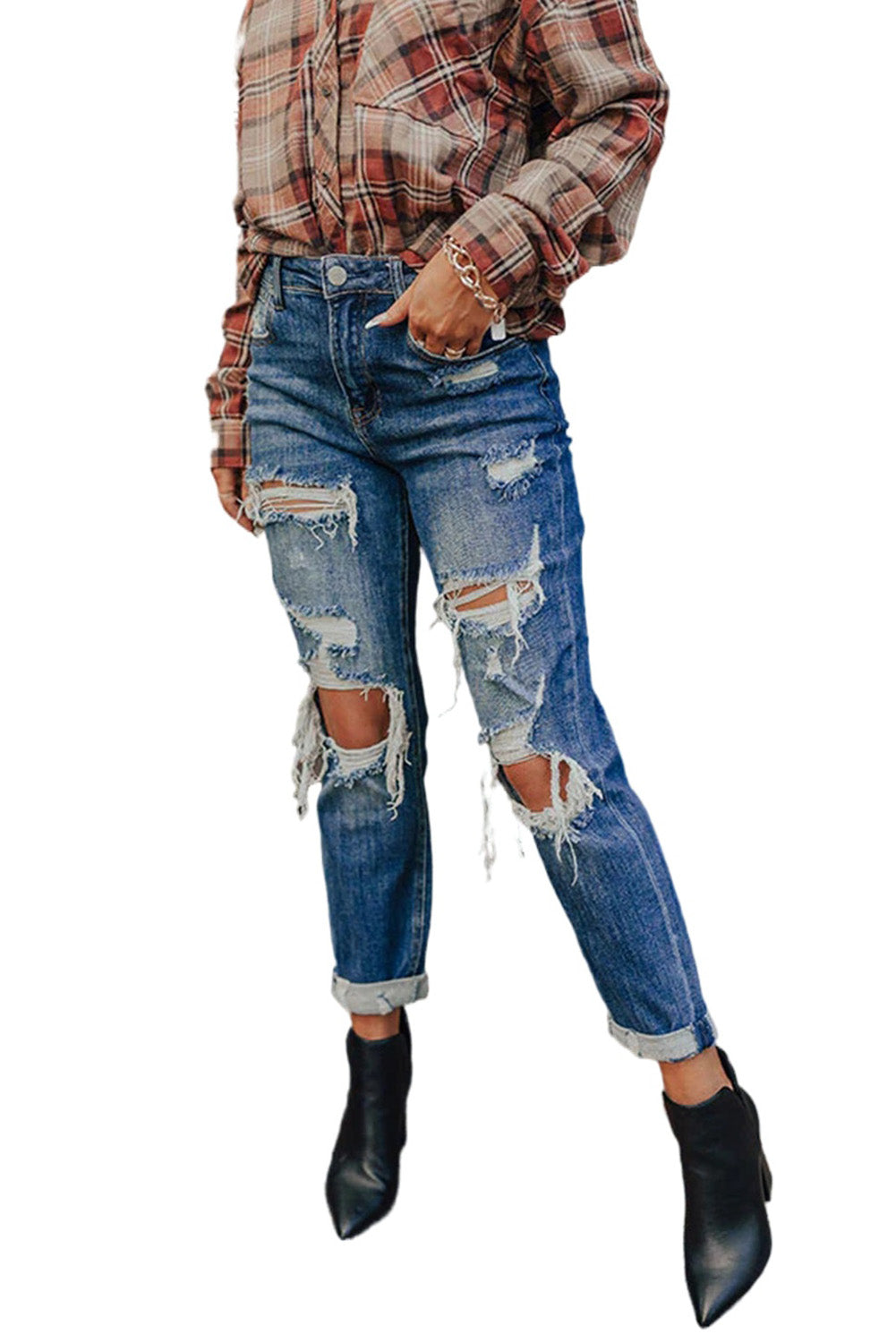 Blaue Vintage Distressed Boyfriend Jeans mit Rissen