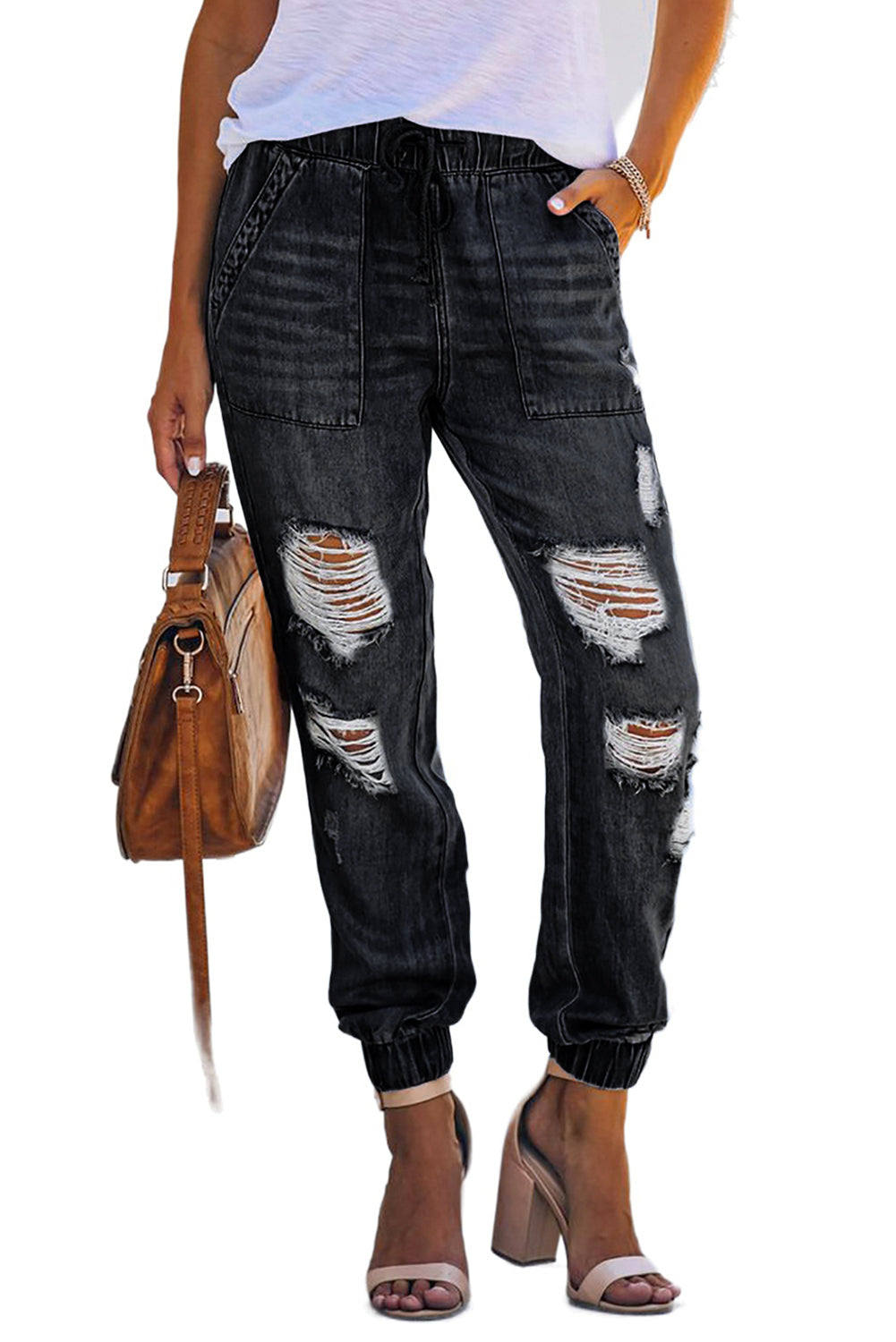 Schwarze Distressed-Jeans mit Taschen