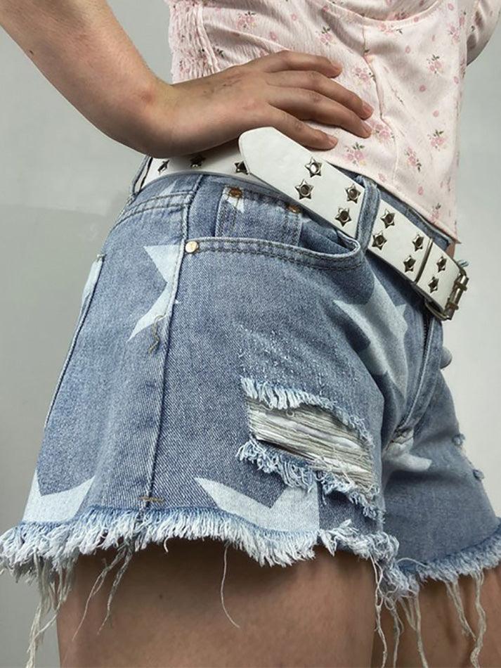 Blaue zerrissene Jeansshorts mit niedrigem Bund und Y2K-Sternmuster