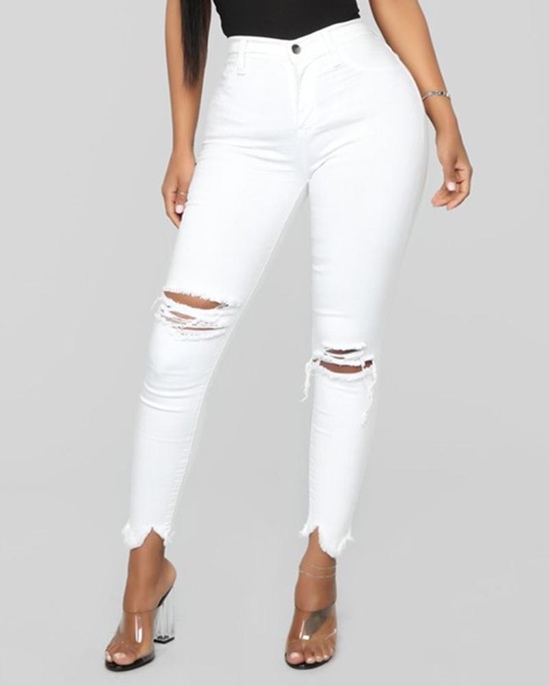 Solid Knee Ripped Asymmetrical Raw Hem Cropped Skinny Jeans