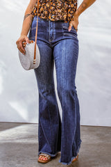 Blue Seamed Raw Hem Flare Jeans