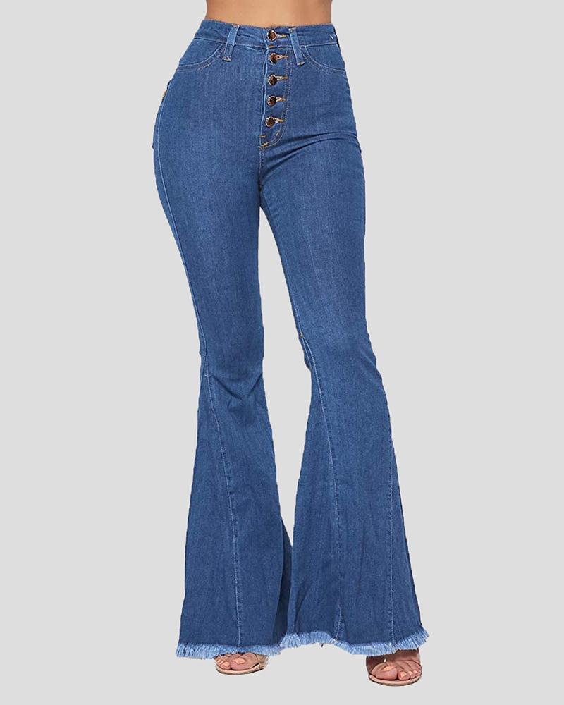 Solid Button Up Raw Hem Flare Leg High Waist Jeans