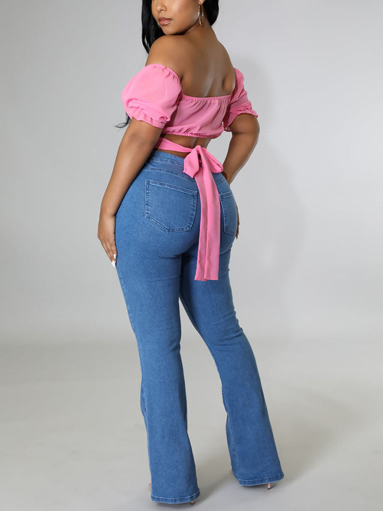 High Waist Buttons Flared Jeans