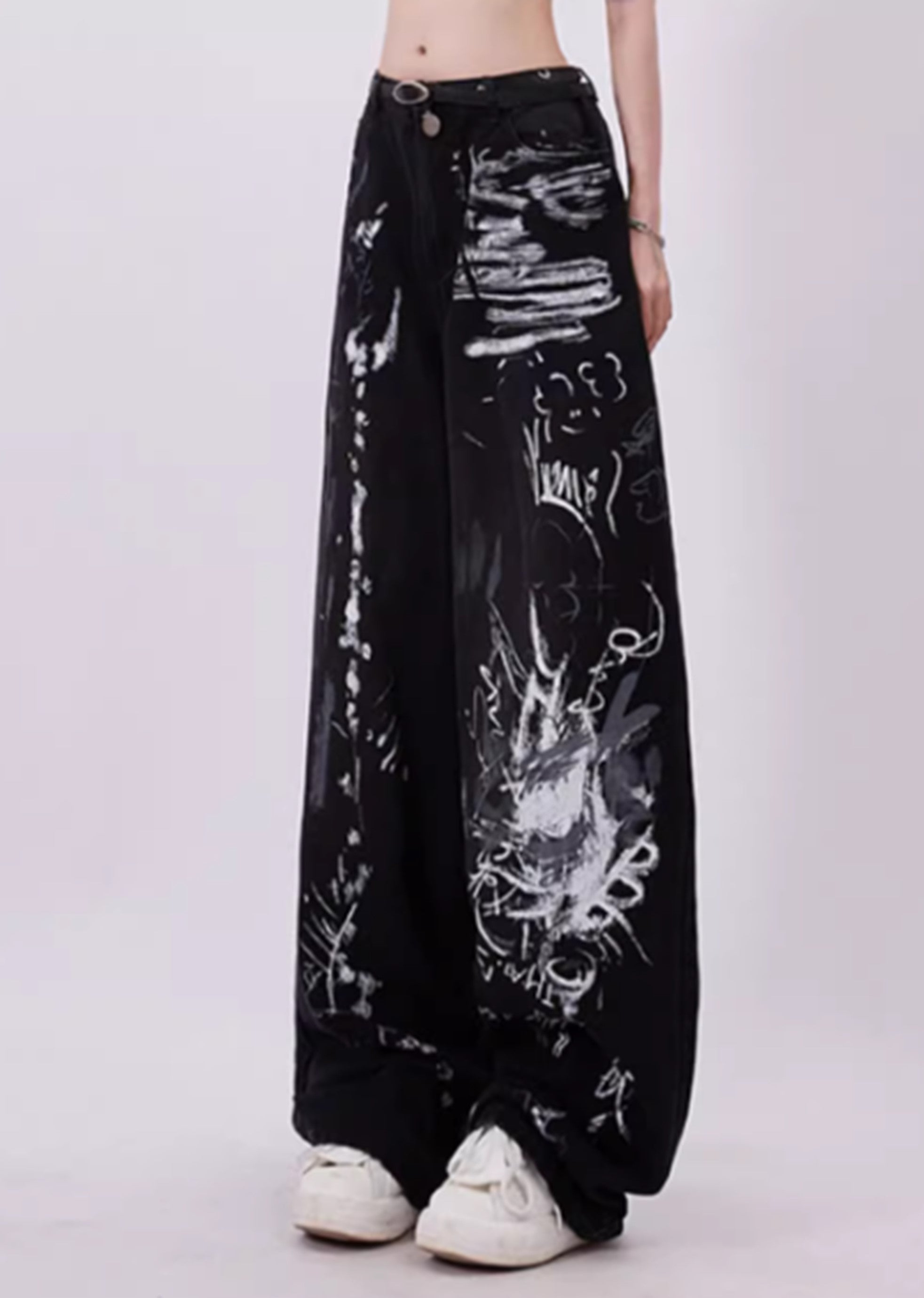 Schwarze Baggy-Jeans mit Grunge-Graffiti-Print