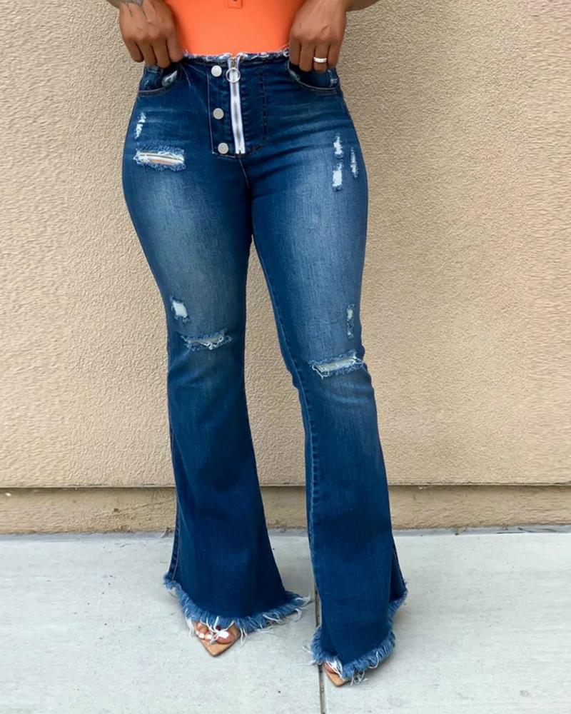 Women Ripped Button Front Zip Up Fringe Hem Flare Jeans – Rae Jeans