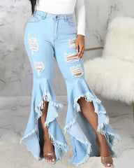 Ripped Raw Edge Ruffle Trim Flare Jeans