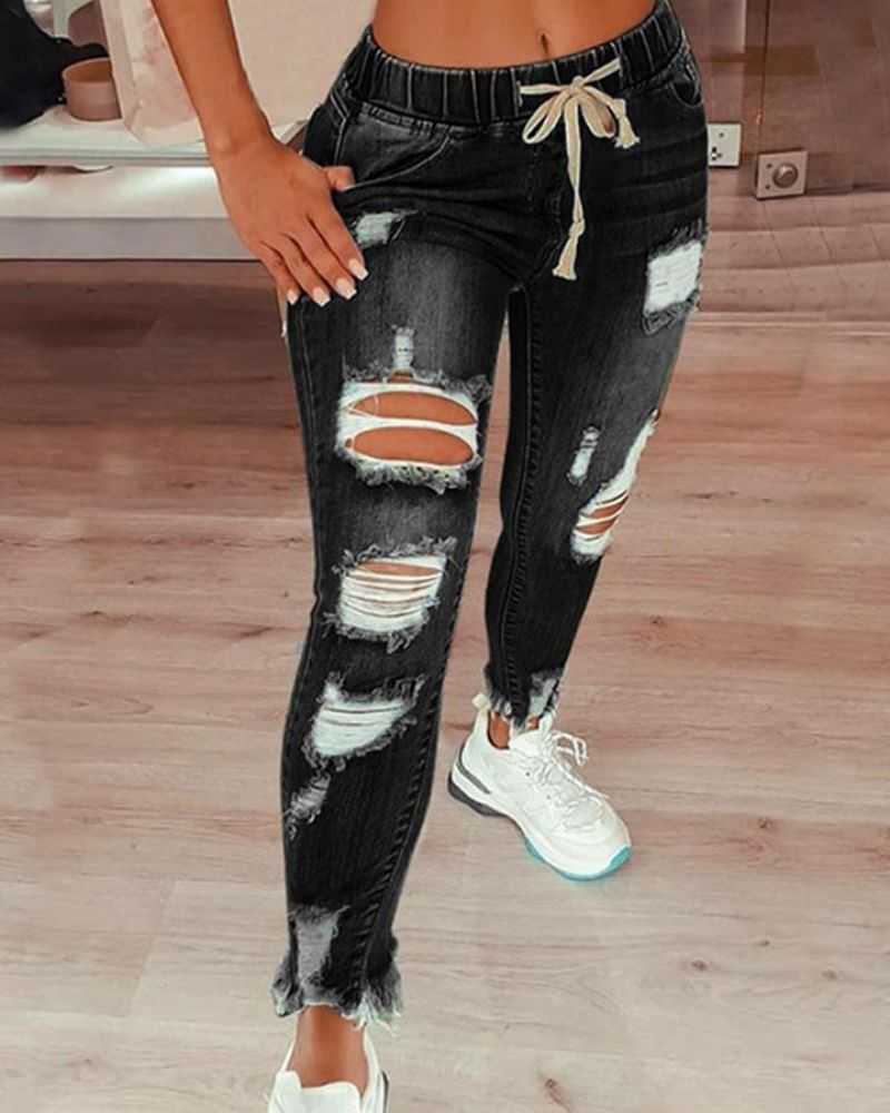 Plus Extreme Distressed Drawstring Waist Jeans