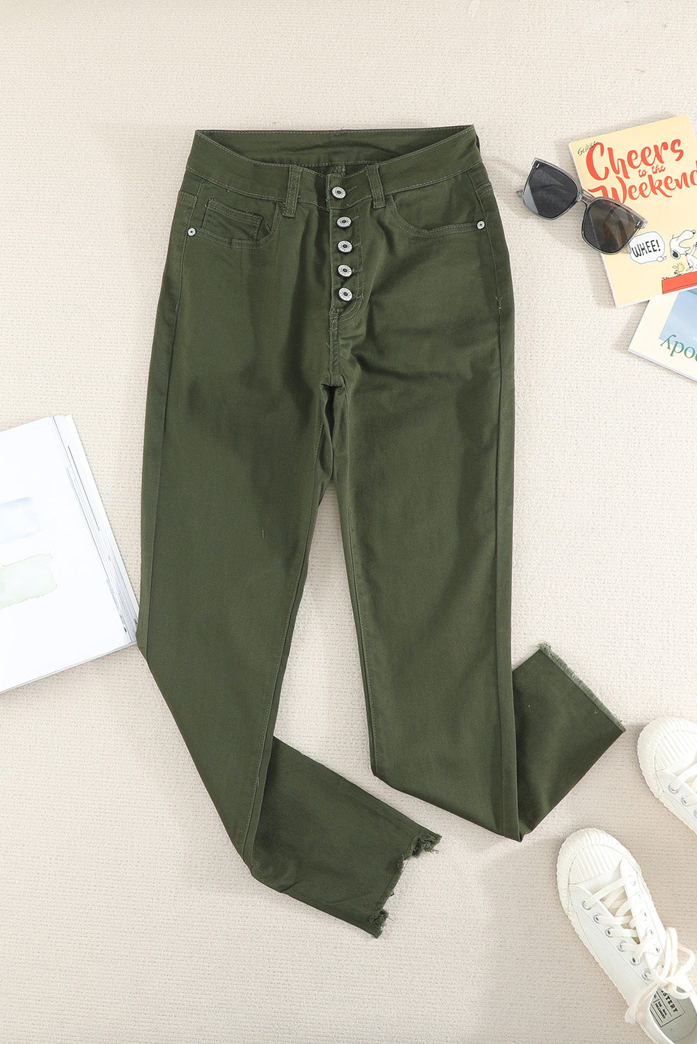 Green Plain High Waist Buttons Frayed Cropped Denim Jeans