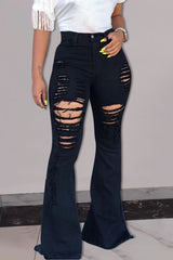 Solid Ripped Raw Hem High Waist Flare Jeans