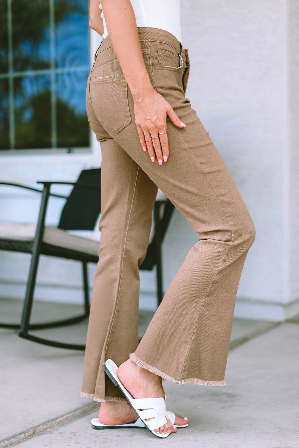 Khaki Raw Hem High Waist Flare Jeans