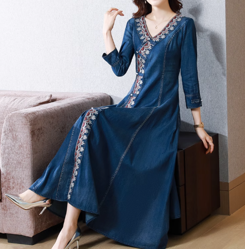 Casual Blue V Neck Print Button Sashes Silk Denim Maxi Dresses Long Sleeve