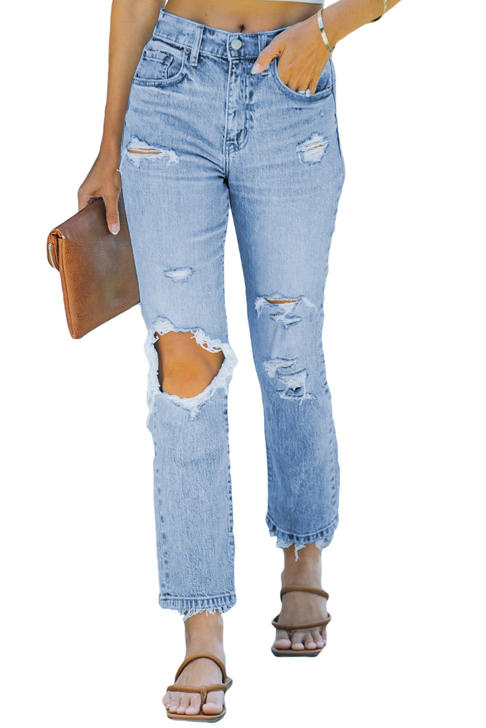 Light Blue Distressed Holes Straight Jeans