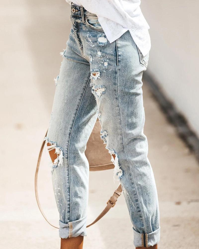 Ripped Distressed Mid Waist Straight Leg Jeans