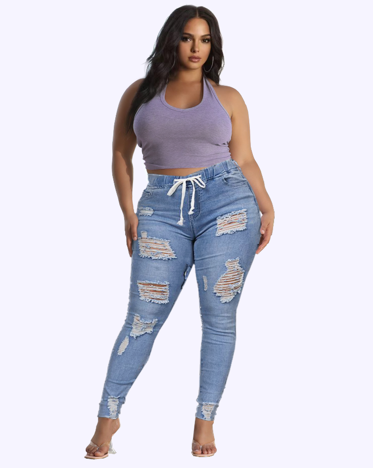 Plus Extreme Distressed Drawstring Waist Jeans