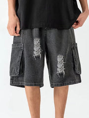 Dark Grey Vintage Men's Pocket Ripped Denim Short