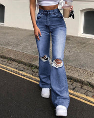 High Waist Knee Distressed Flare Leg Jeans