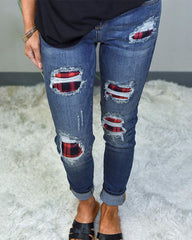 Plaid &amp; Leopard Patch Insert High Waist Crop Jeans