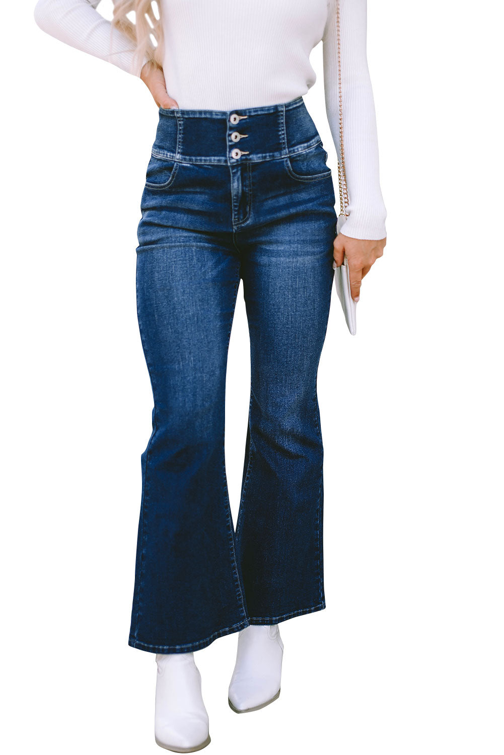 Blue Buttons Elastic Wide Waistband Back Flare Jeans