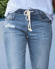 Elastic Waist Drawstring Raw Hem Distressed Jeans