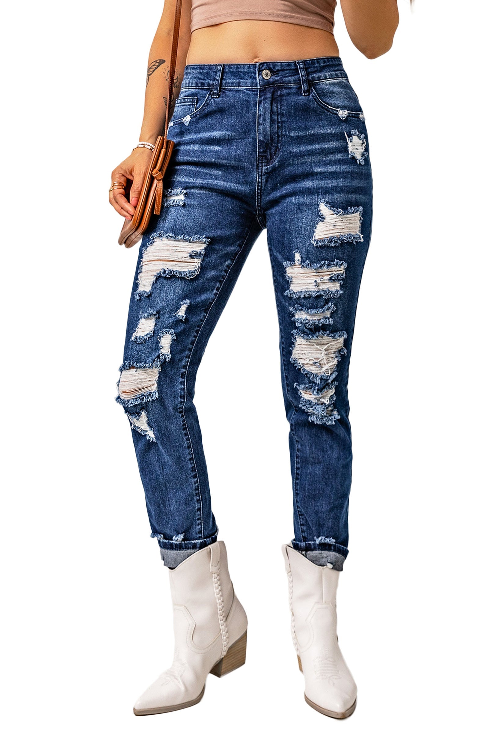 Blaue Skinny Jeans mit hoher Taille und Used-Look