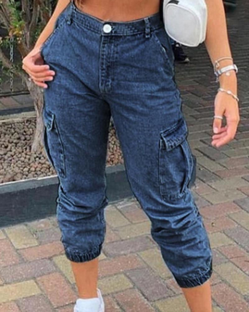 Flap Pocket Side Mid Waist Straight Leg Jeans