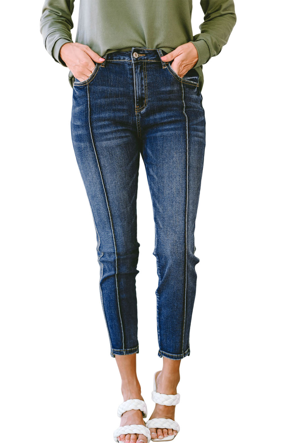 Blaue Skinny Fit Jeans mit hoher Taille und Nähten