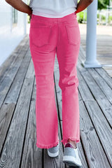 Pink Distressed Holes Raw Edge Cropped Flare Jeans