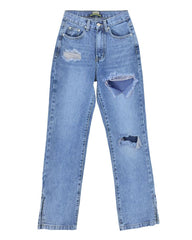 Ripped Split Hem High Waist Straight Leg Jeans