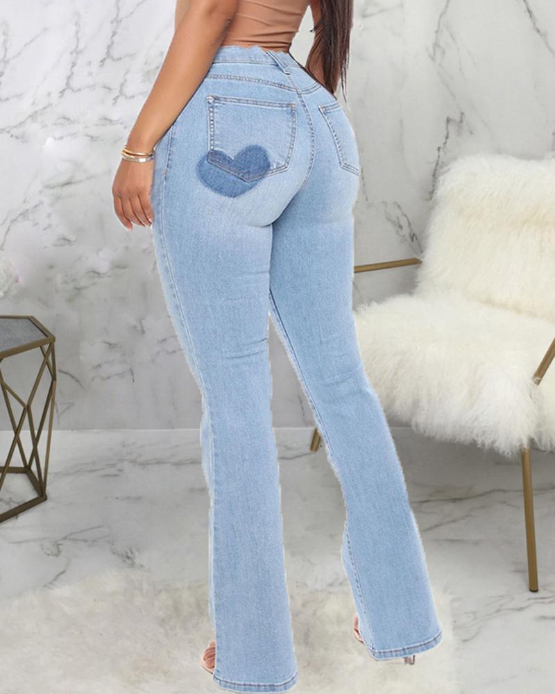 Heart Pattern Spliced High Waist Flare Jeans