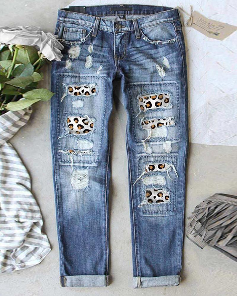 Ripped Plaid &amp; Leopard Patch Insert Mid Waist Straight Leg Jeans