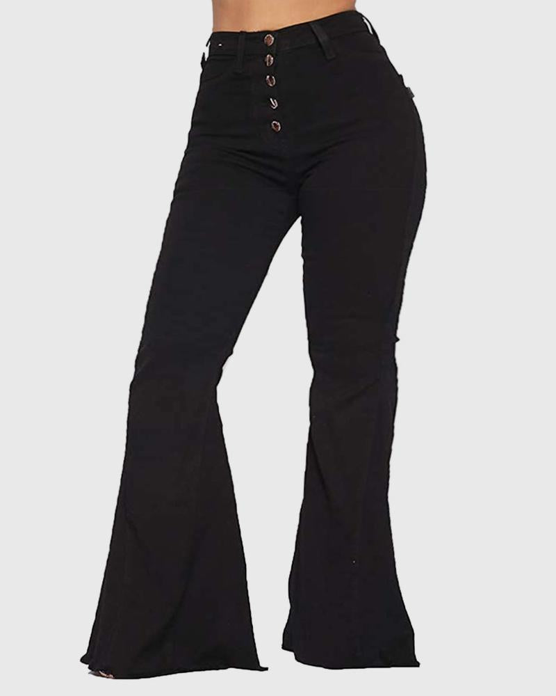 High Waist Raw Hem Button Front Flare Jeans