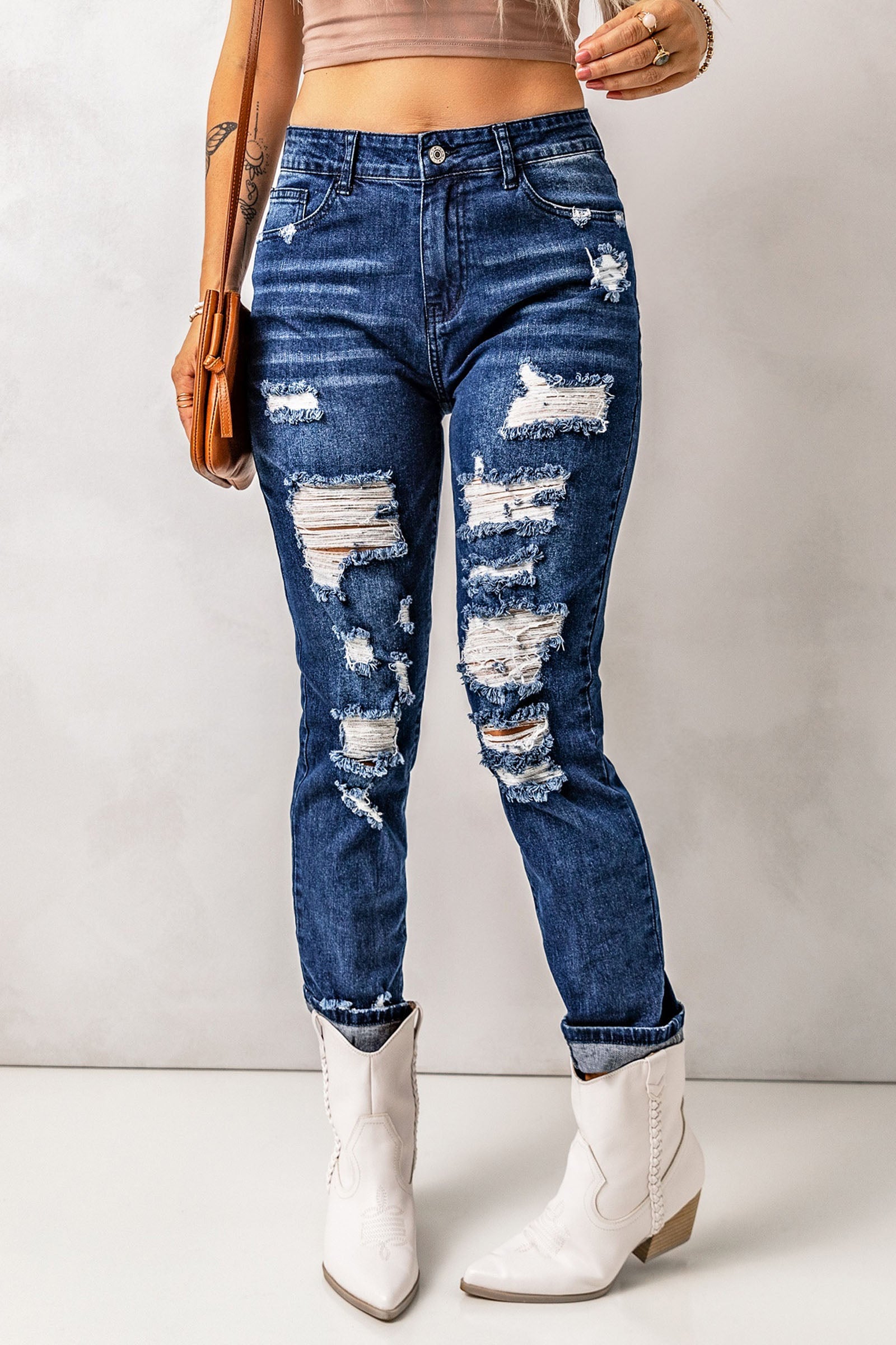 Blaue Skinny Jeans mit hoher Taille und Used-Look