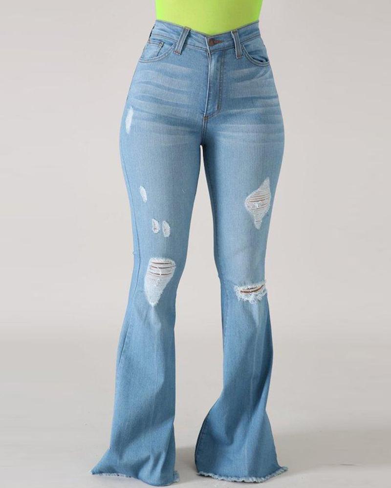 High Waist Ripped Flare Leg Jeans