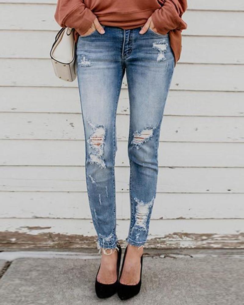 Ripped Raw Hem High Waist Jeans