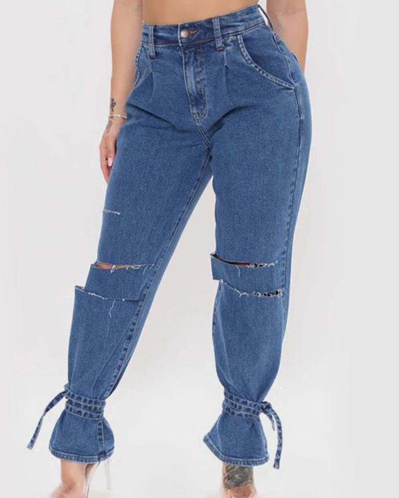 Ripped Ankle Tie Low Waist Jeans