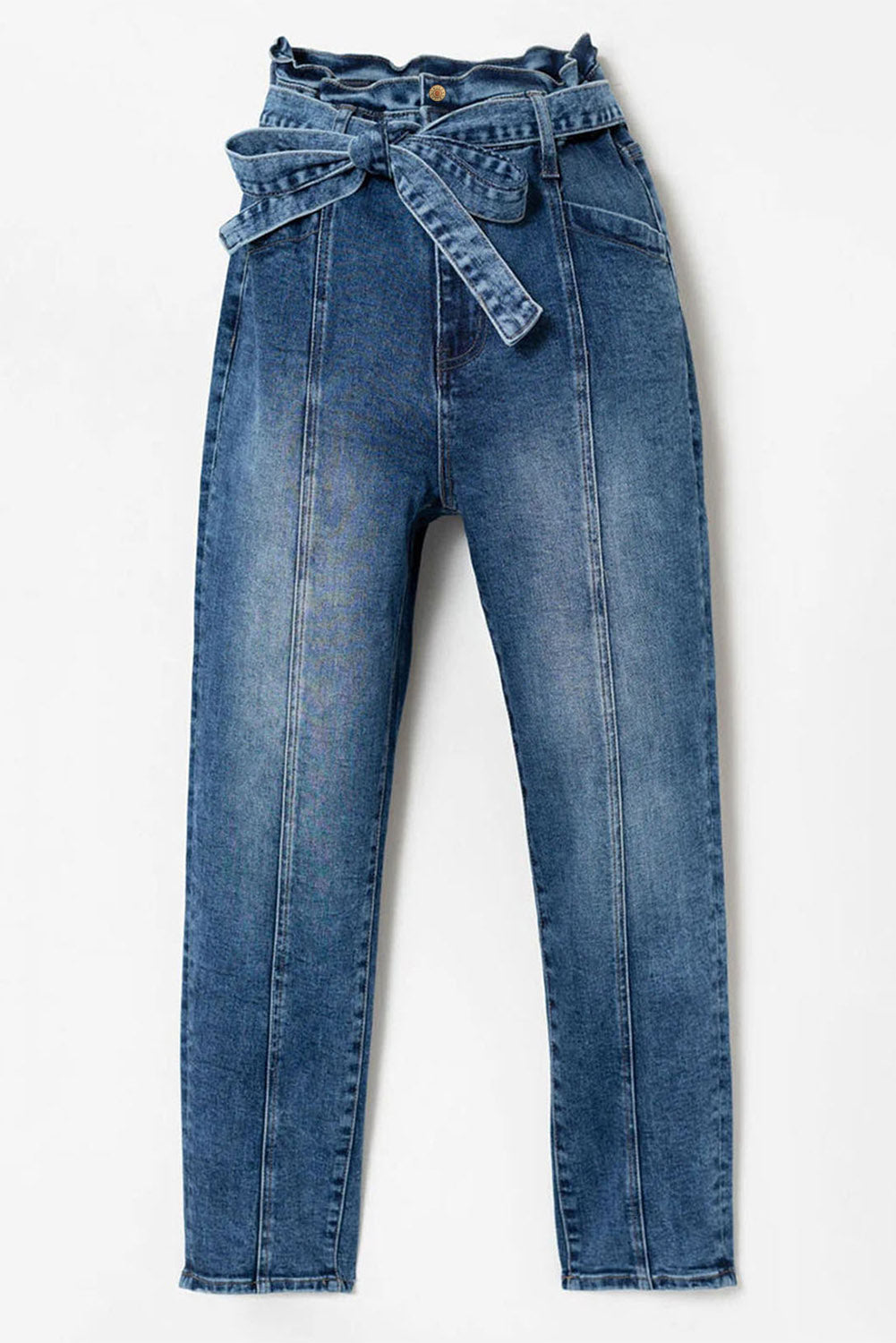 Blaue Skinny Jeans mit hoher Taille und Knoten