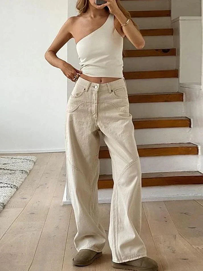 Weiße Vintage Baggy Boyfriendjeans mit geradem Bein und Spleiß