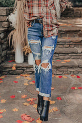 Blaue Vintage Distressed Boyfriend Jeans mit Rissen