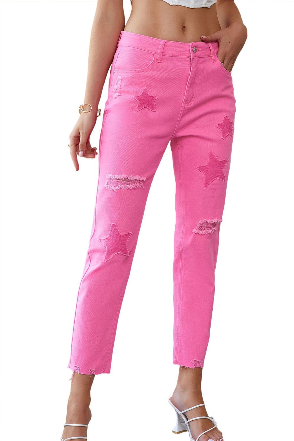 Pink Star Shape Patchwork Mid Waist Straight Leg Jeans