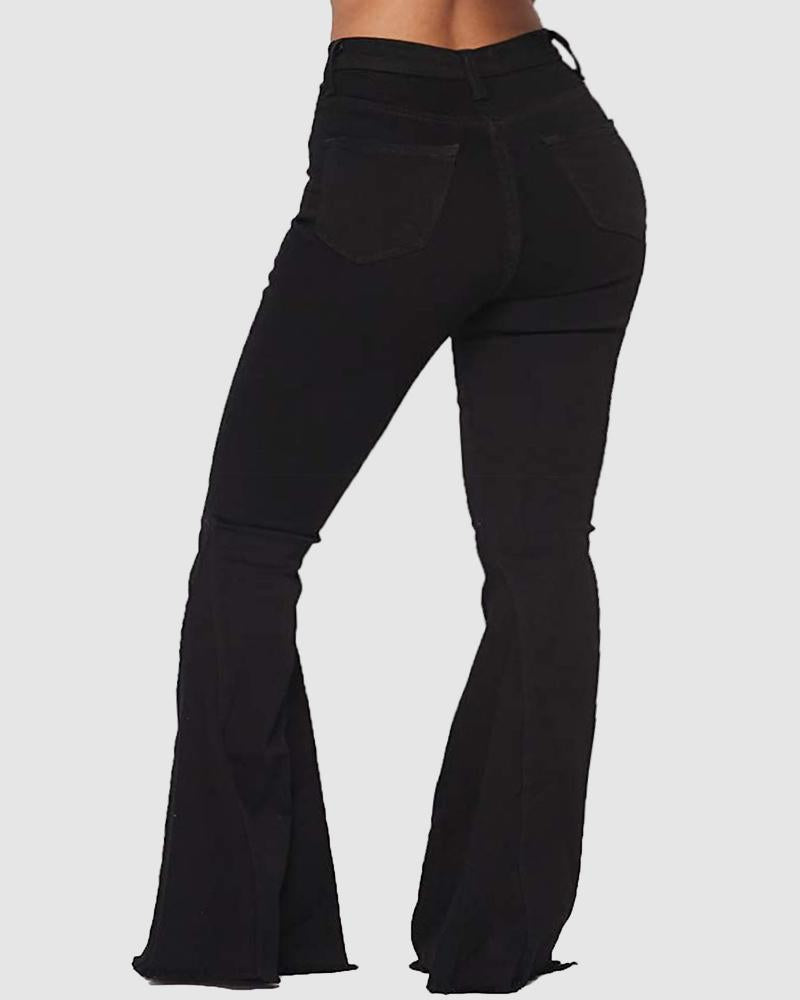 High Waist Raw Hem Button Front Flare Jeans