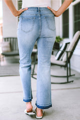 Sky Blue High Waist Buttoned Distressed Flared Jeans